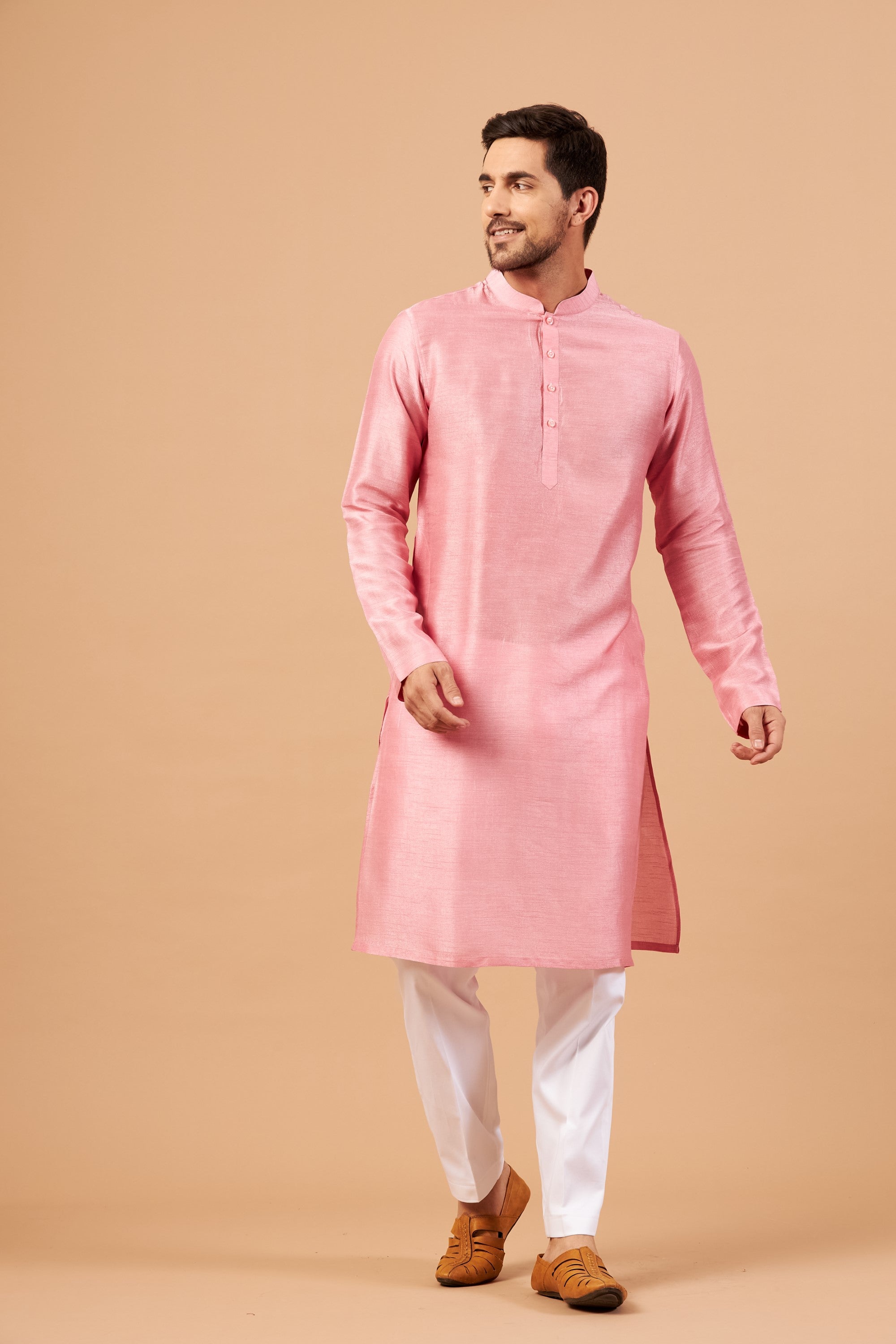 Men's Pink Color Plain Kurta Falling Raw Silk - Hilo Design
