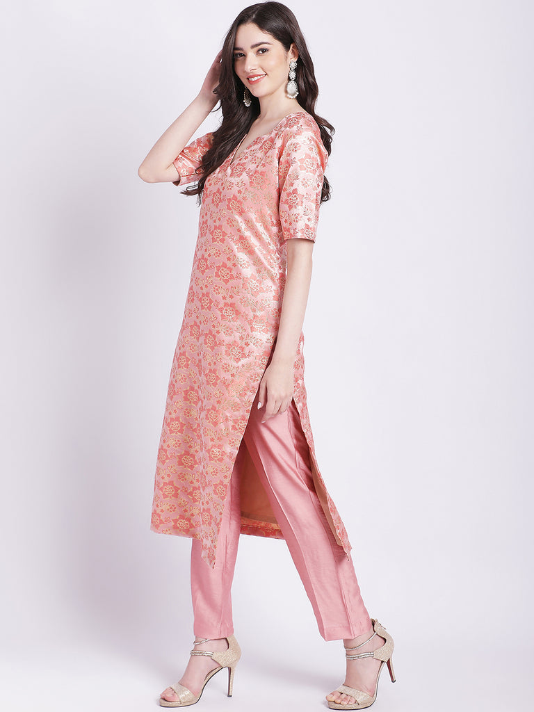 Women's Peach Banarsi Straight Kurti With Pants
