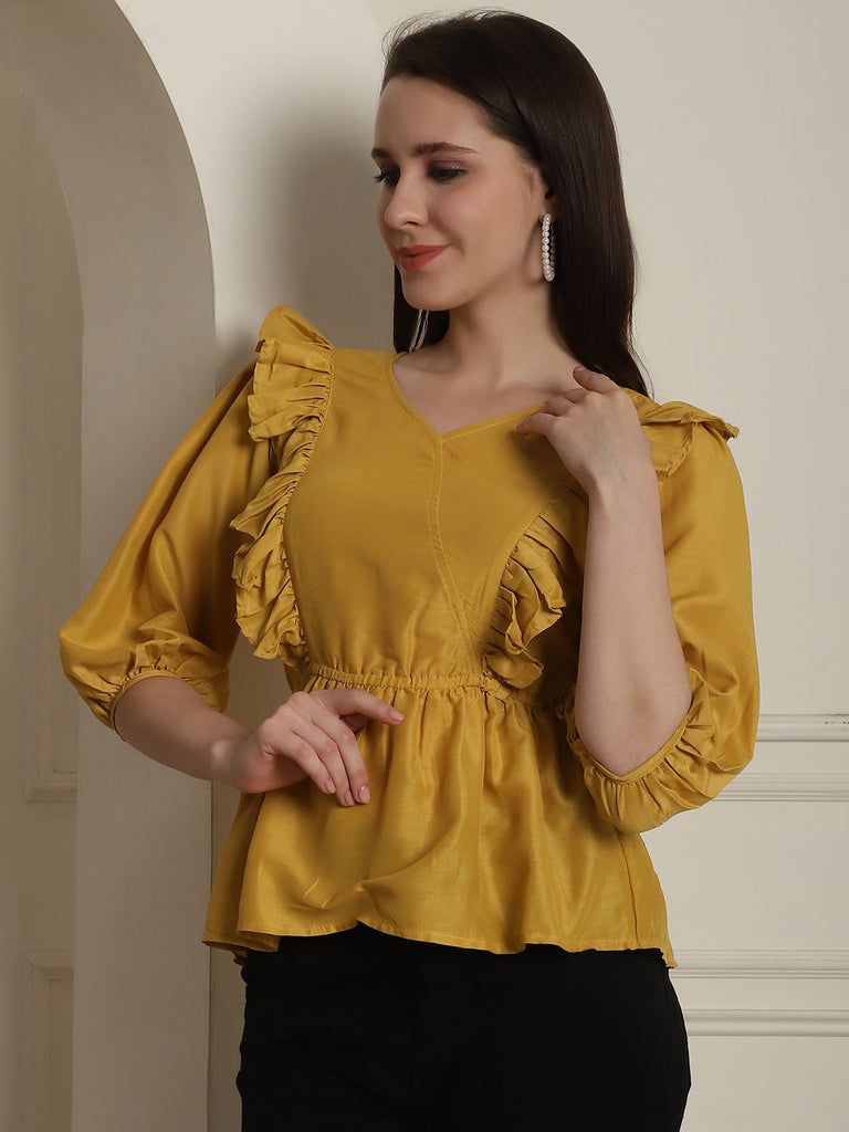 Women's Black Solid Women's Top With Frills