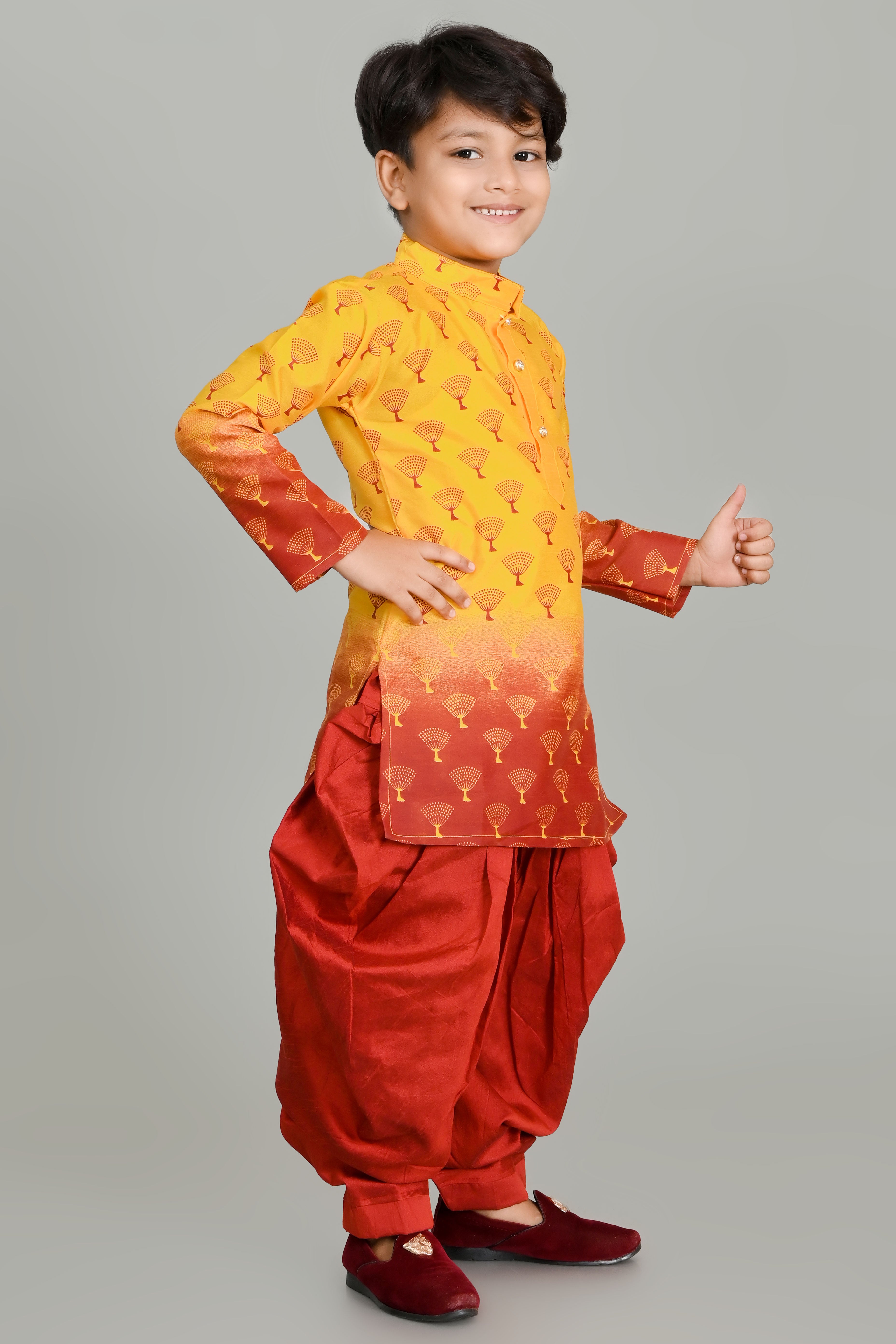 Boy's Dupion Silk Printed Kurta And Patiyala Set - Nfc Creation