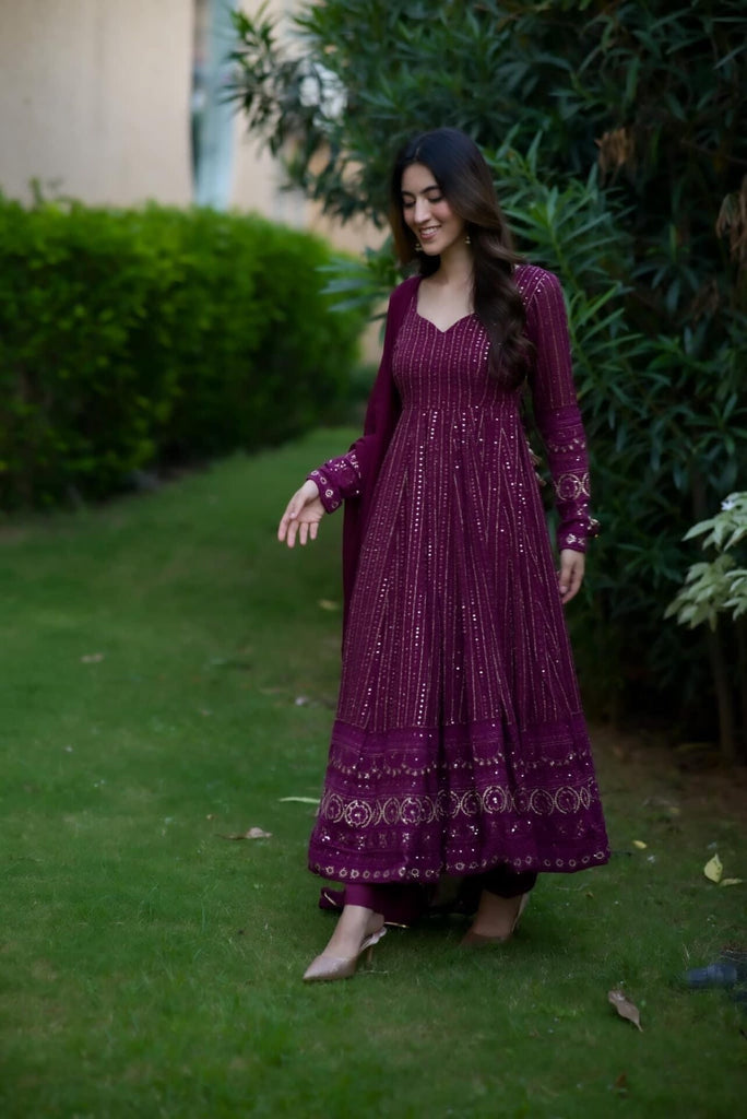 Women's Purple Faux Cotton Embroidery Anarkali Set