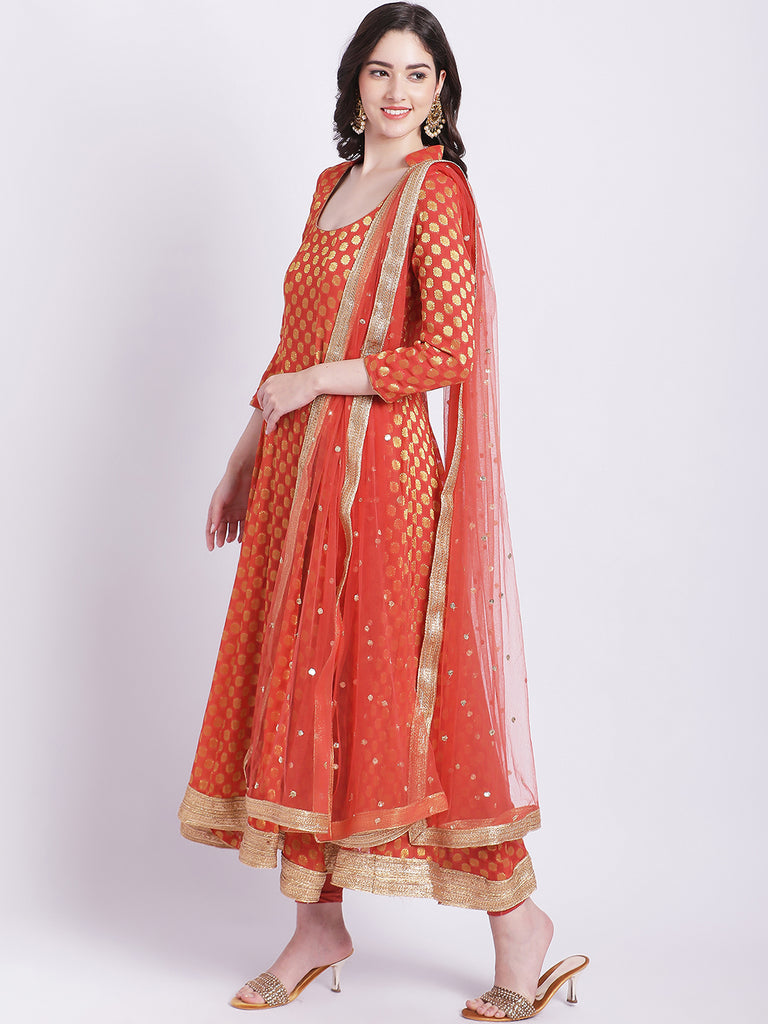 Women's Orange Banarasi Georgette Anarkali With Churidar And Net Sequin Dupatta