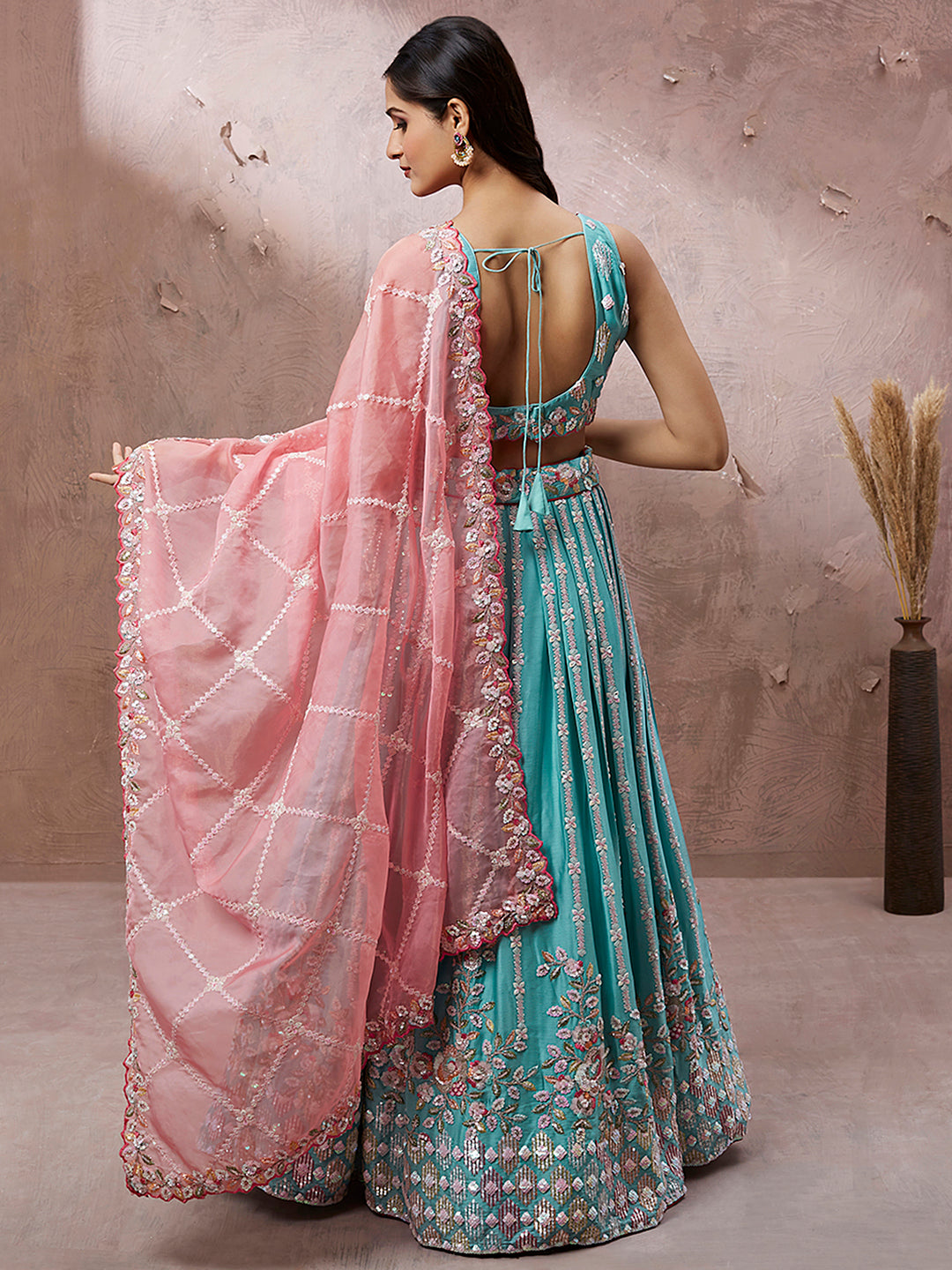 Women's Turquoise Blue Georgette Sequins And Thread Embroidery Ready To Wear  Lehenga Choli & Dupatta - Royal Dwells