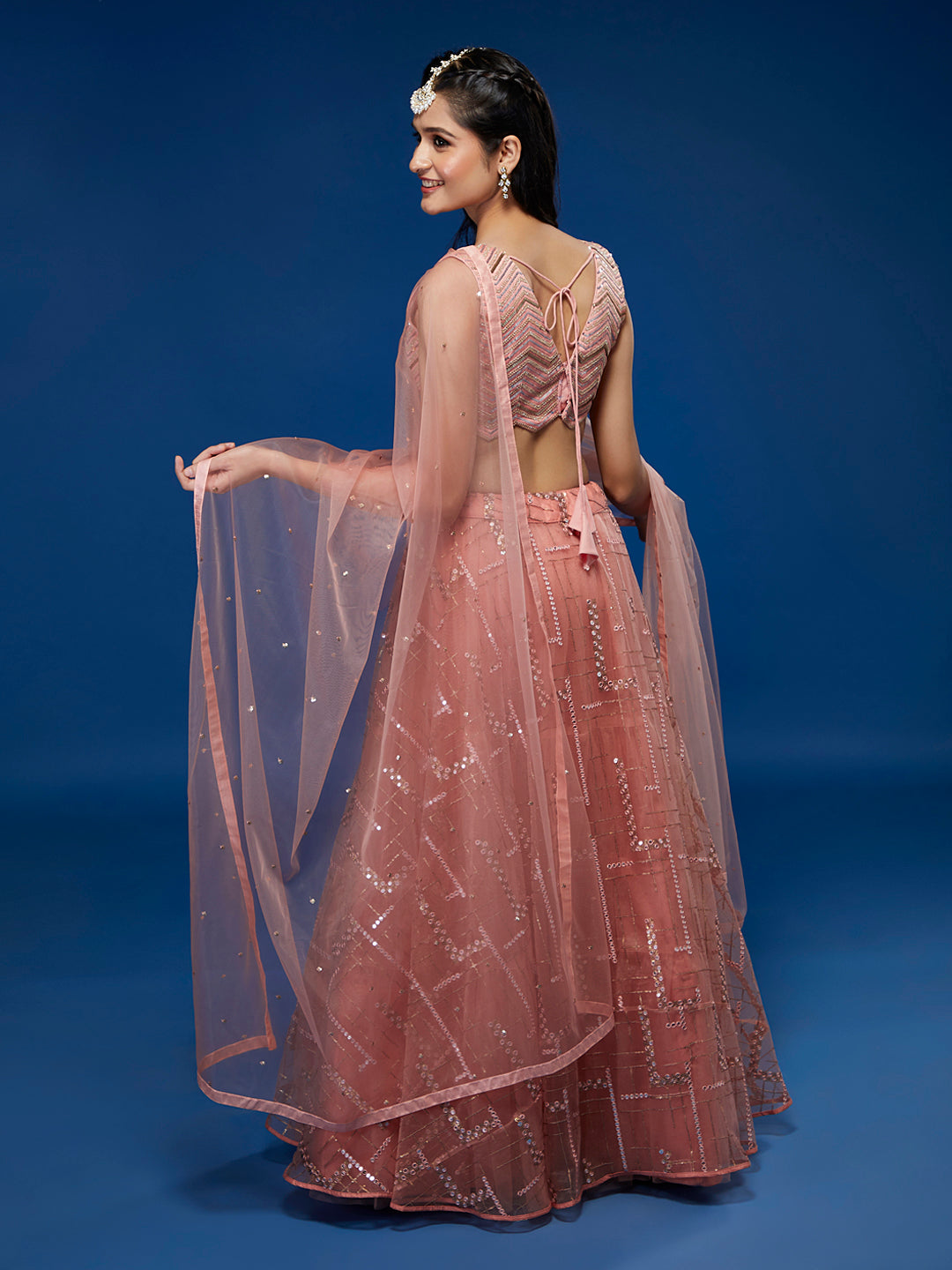 Women's Peach Net Sequinse Embroidered Ready To Wear Lehenga & Blouse With Dupatta-Royal Dwells