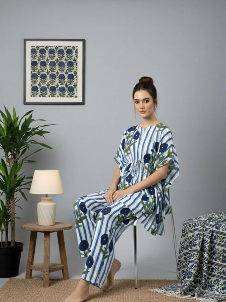 Women's Blue Floral Kaftan Night-Suit Set
