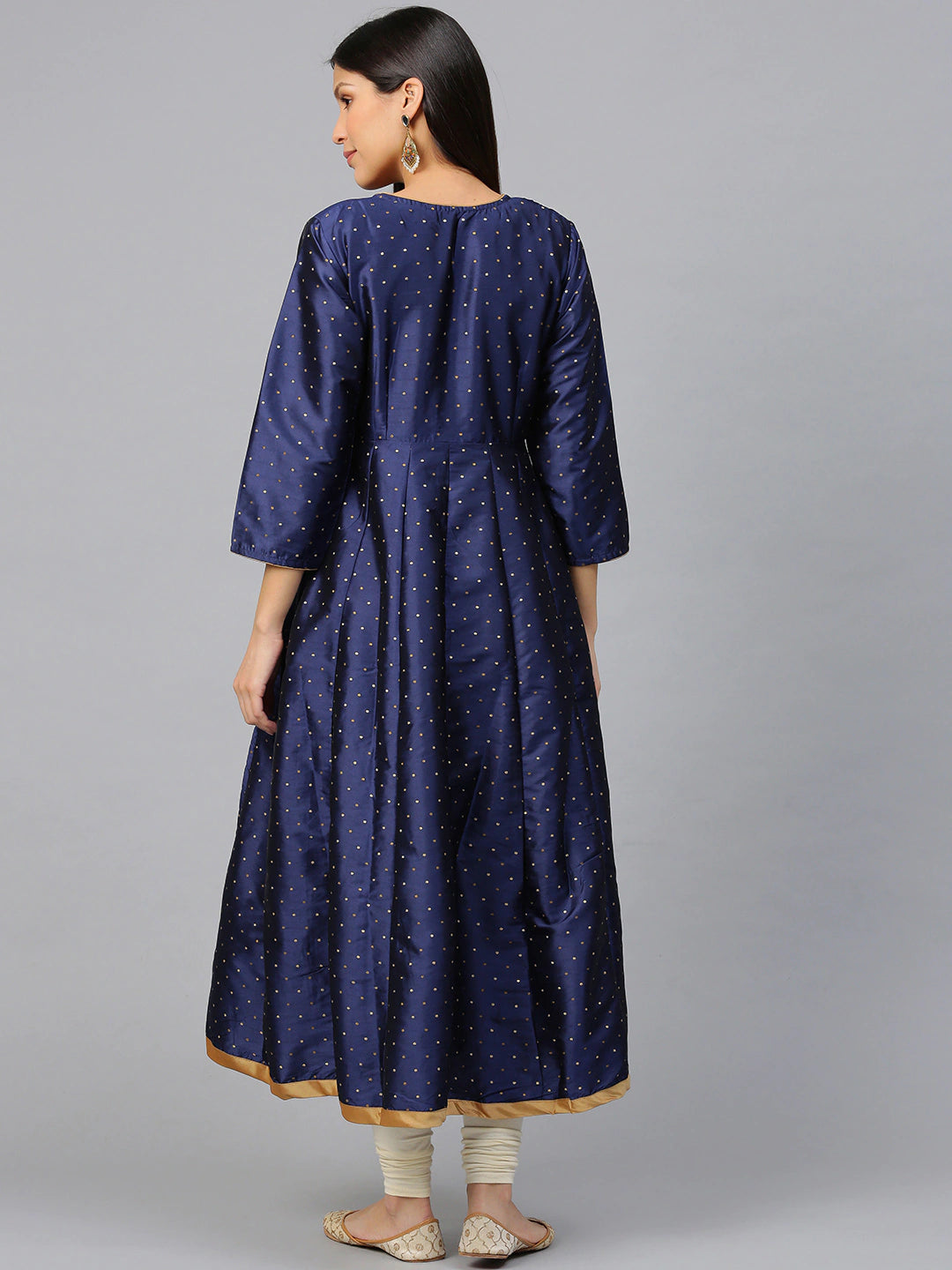 Women's Navy Blue And Golden Woven Design Anarkali Kurta, - Bhama Couture