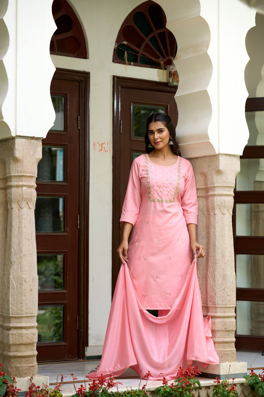 Women's Round Neck Embroidered Work Rayon Slub Fabric Kurta Pant Set Comes With Chinnon Dupatta - Taantav