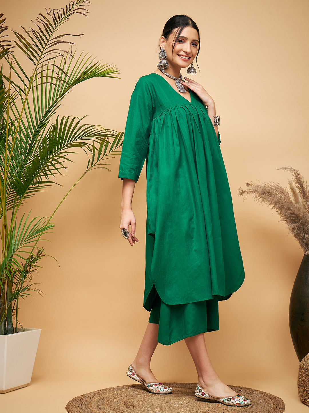 Women's Forest Green Flared Kurta Palazzo Set - InWeave