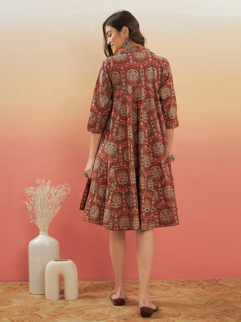 Women's Maroon Mughal Kalamkari Flared Dress