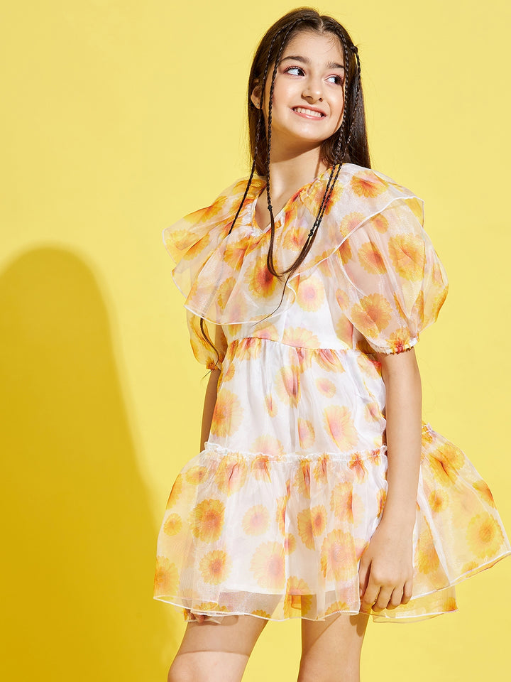 Girl's Cream Polyester Printed Dress