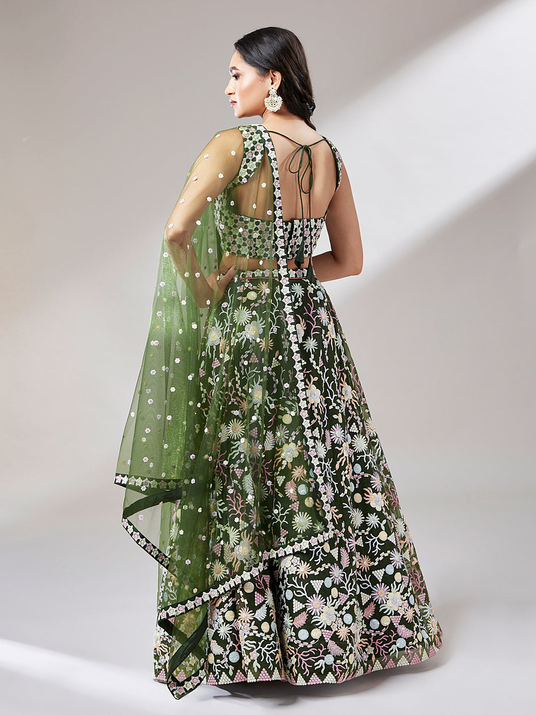 Women 's Olive Net heavy Sequinse embroidery Ready to Wear Lehenga choli & Dupatta - Royal Dwells