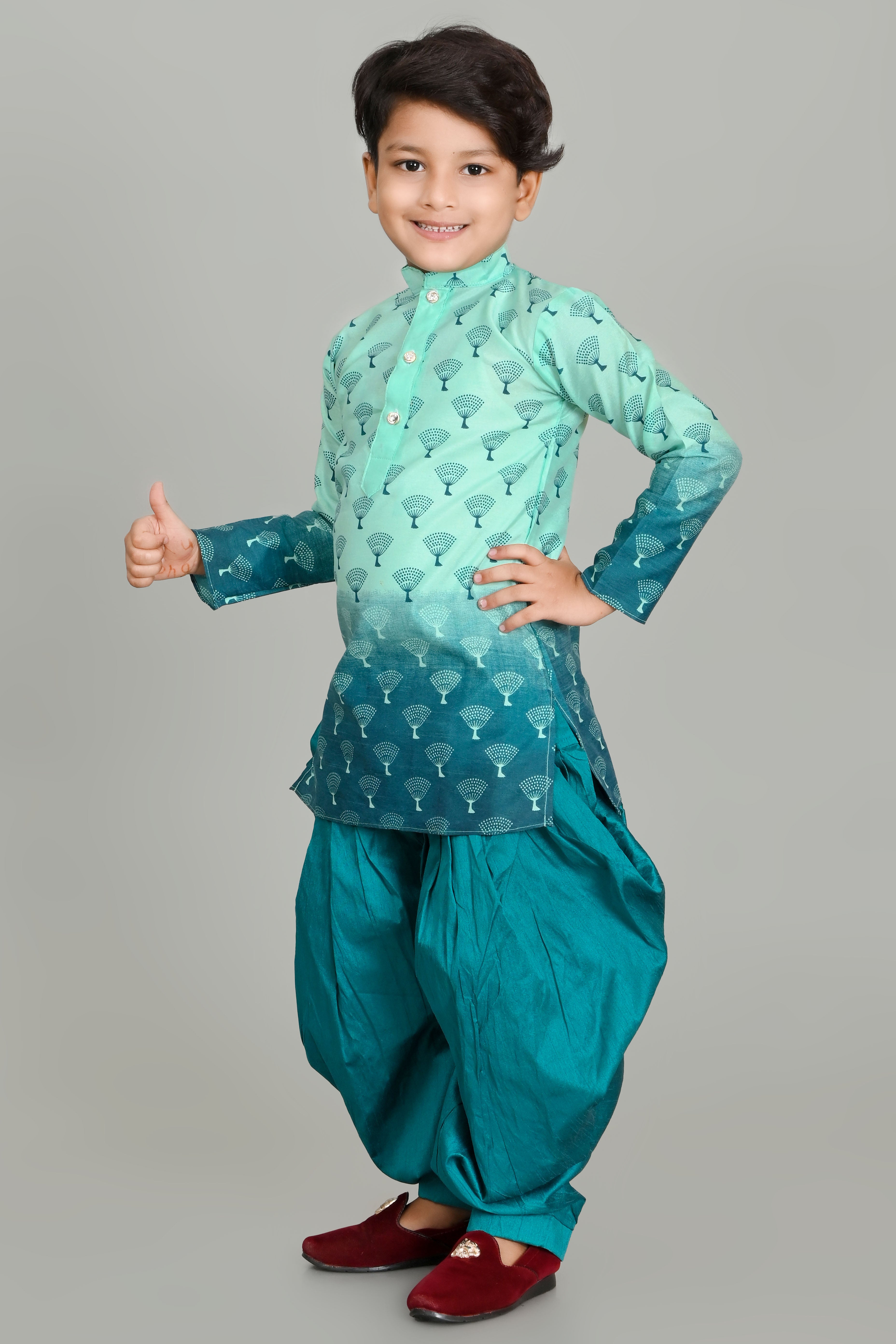 Boy's Dupion Silk Printed Kurta And Patiyala Set - Nfc Creation