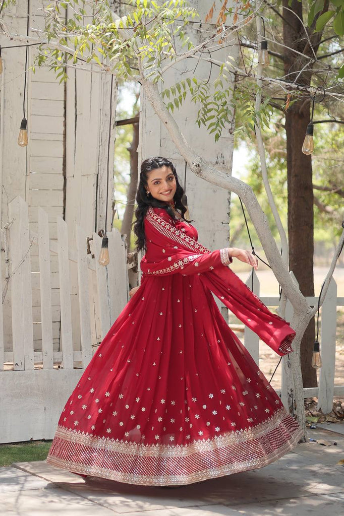 Women's Marron Faux  Embroidery  Kurta Set