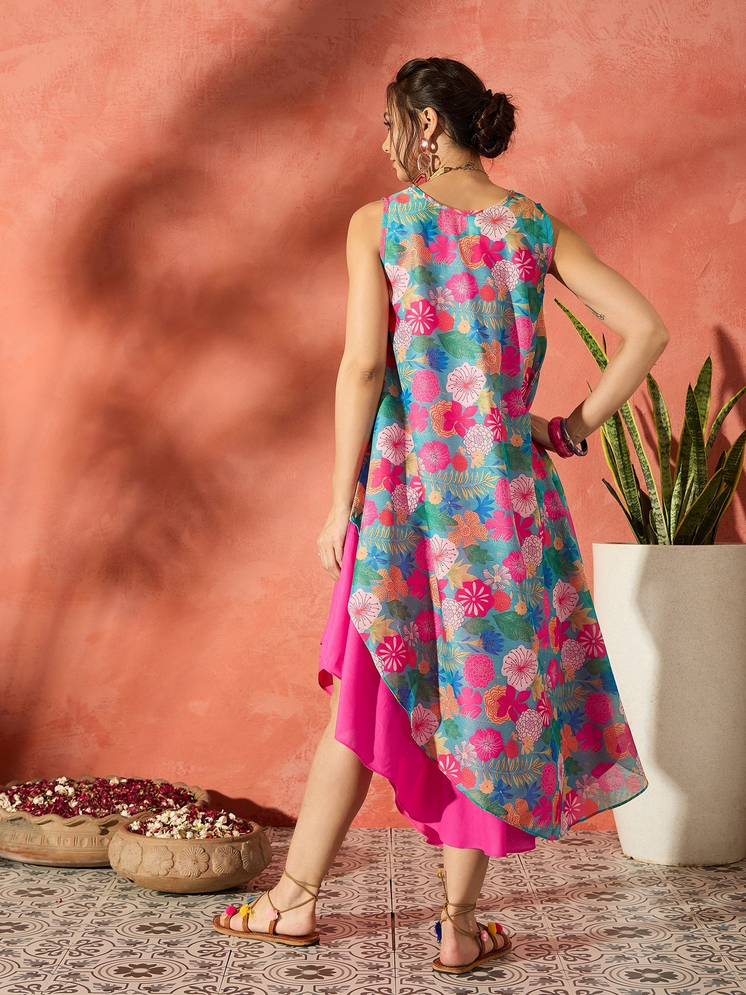 Women's Blue Floral Fuchsia Asymmetrical Dress - InWeave