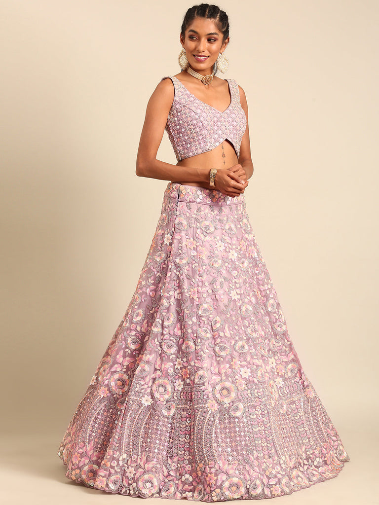 Women 's Mauve Net Multi Sequins with heavy Zarkan embroidery Ready to Wear Lehenga choli & Dupatta