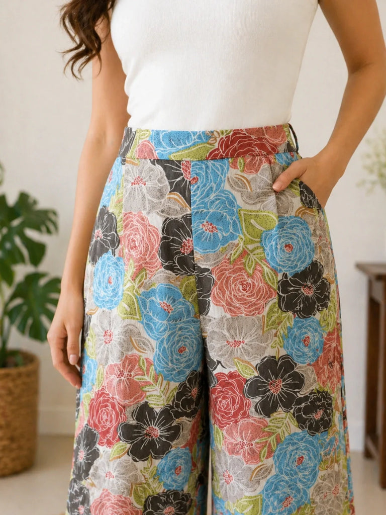 Women's Multicolor Floral Print Mid-Rise Wide Leg Trouser