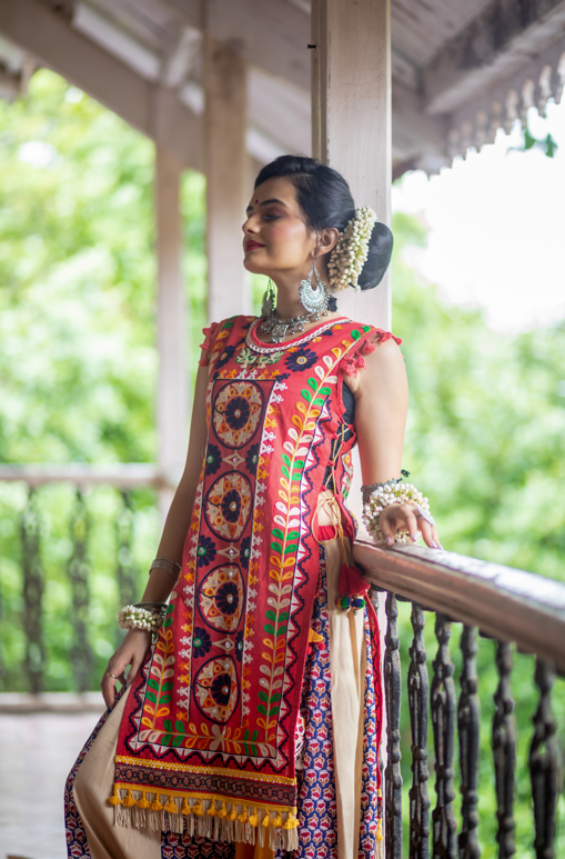 Women's Red Circular Treditional Embroidered Panel Top Paired With Multicolor Flairy Skirt