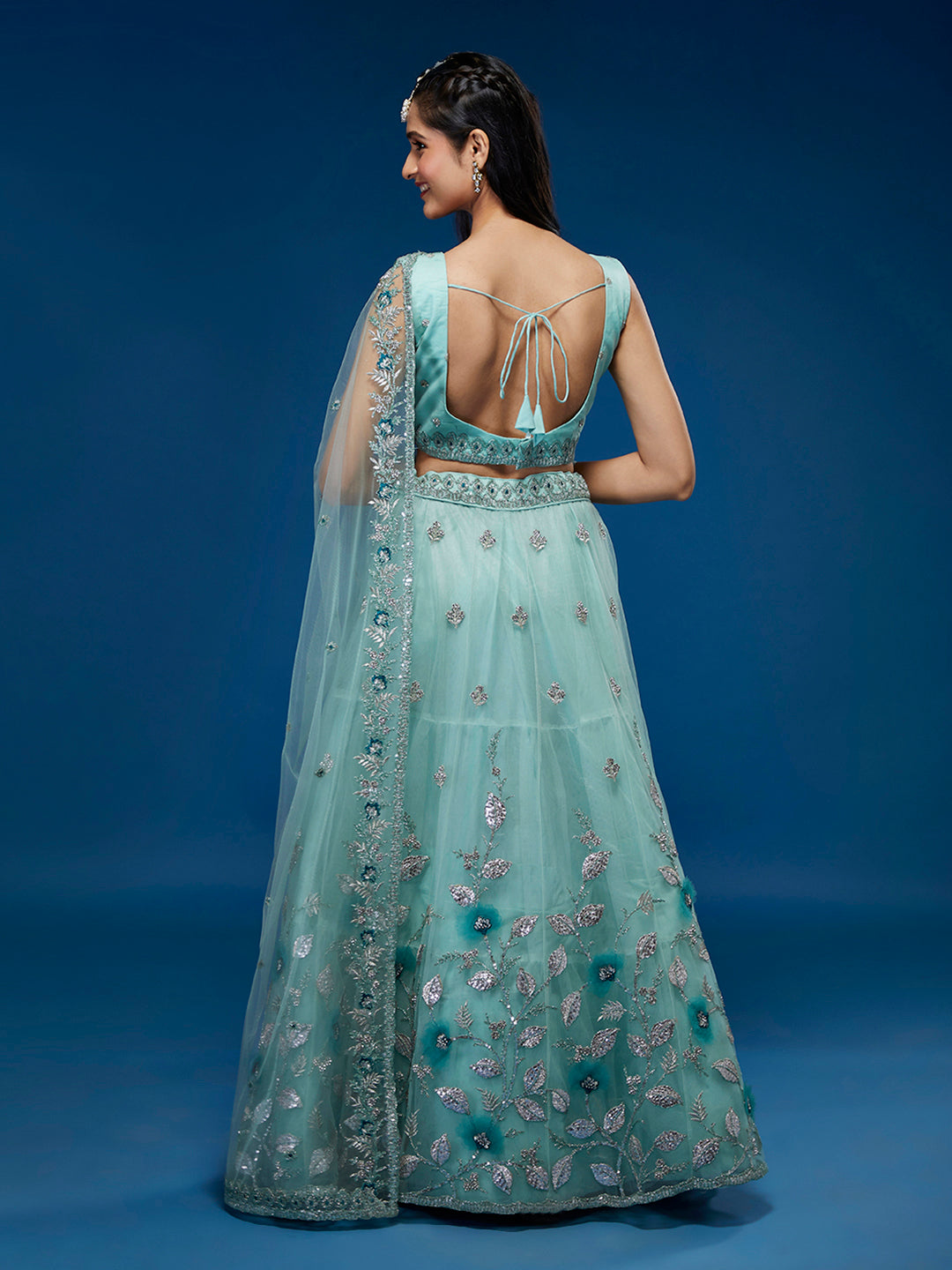 Women's Turquoise Blue Net Sequinse Embroidered Ready To Wear Lehenga & Blouse With Dupatta-Royal Dwells