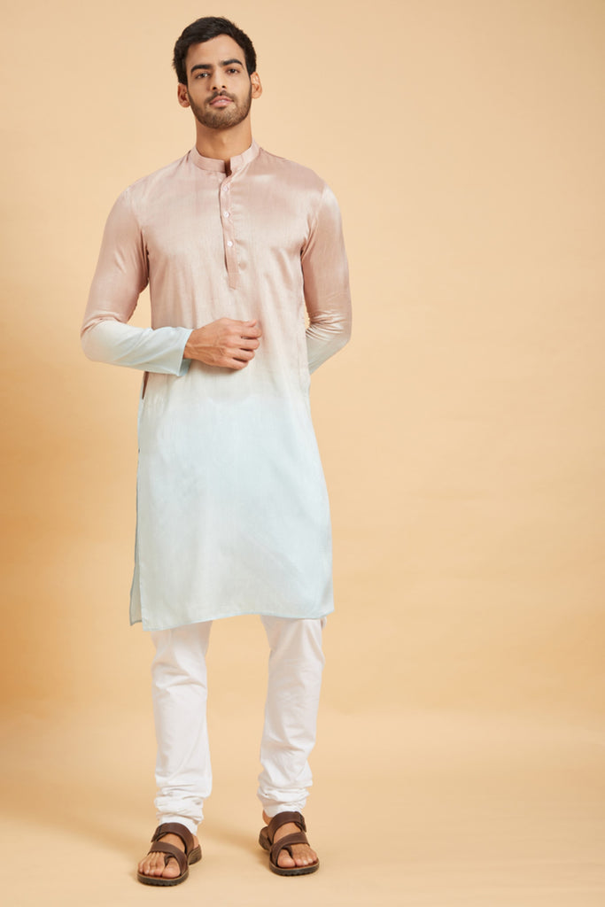 Men's Pink Color Glidden Ombre Kurta Without Slit Silk