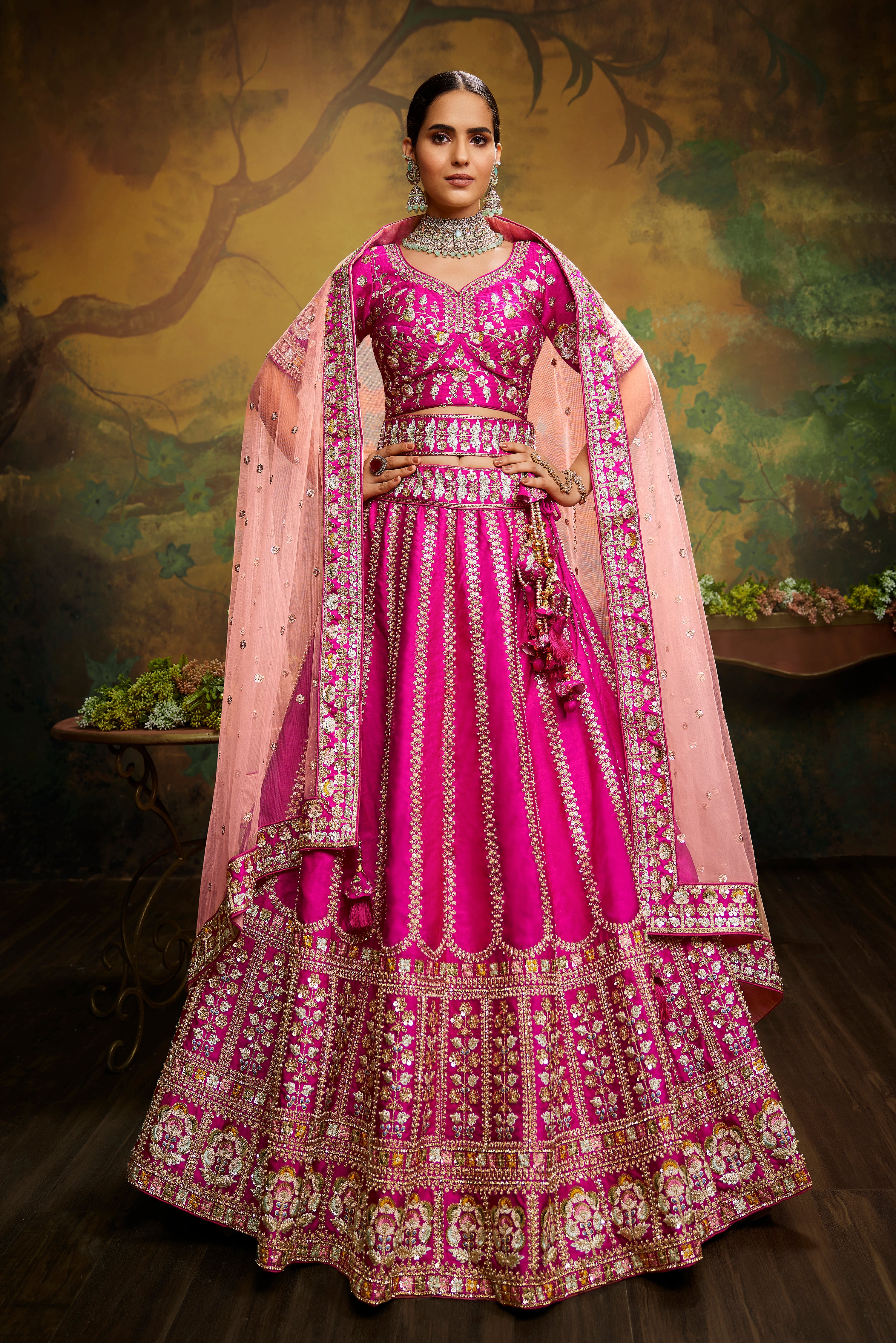 Women 's Pink Pure Silk Moti & Zarkan heavy embroidery Ready to Wear Lehenga choli & Dupatta - Royal Dwells