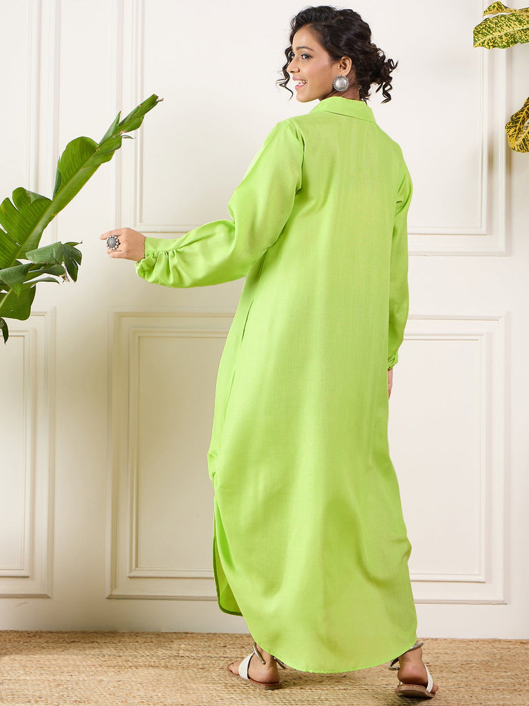 Women's Neon Green Shawl Neck Long Side Pleat Dress