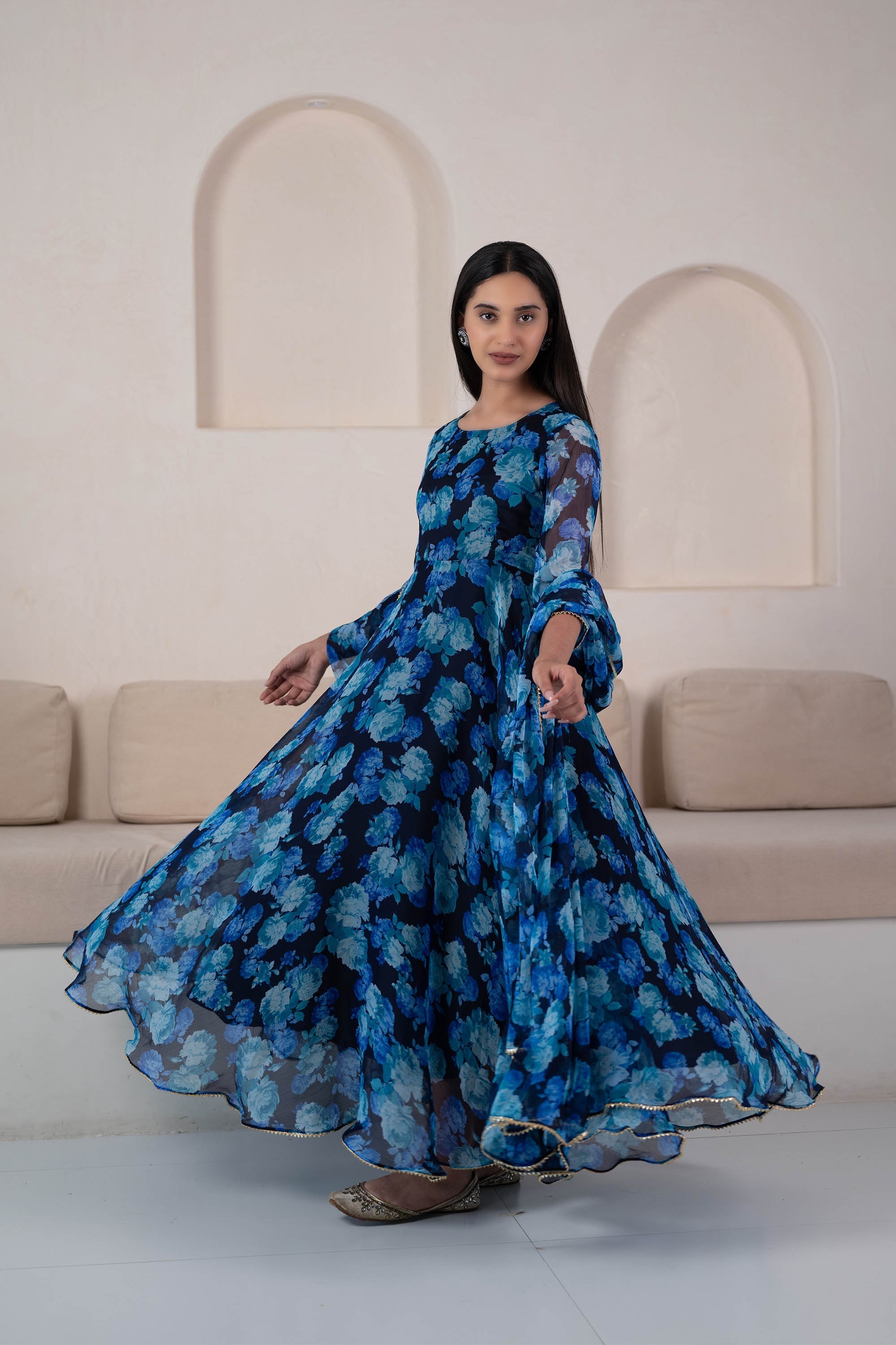 Blue Floral Printed Anarkali Suit Set By Final Clearance Sale