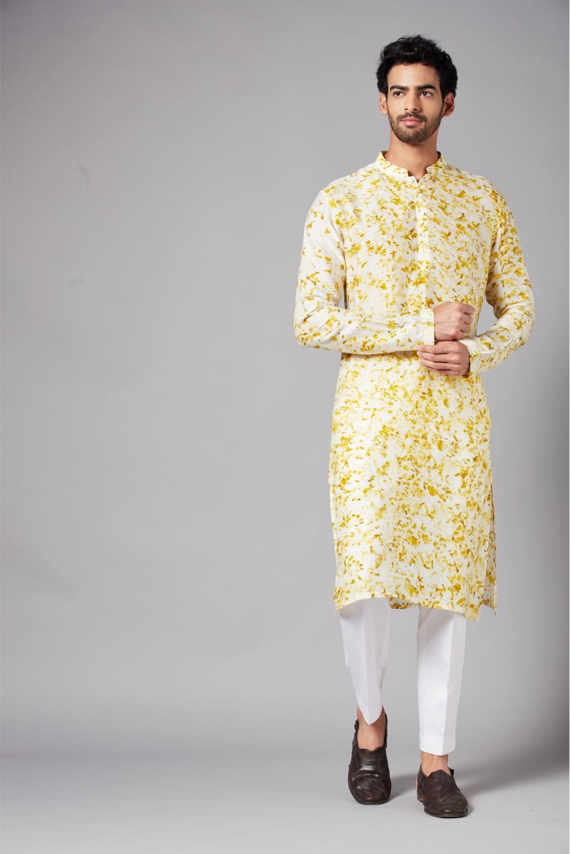 Men's Whity Natural Dye Kurta With Crop Pants Coord Set (Marigold Dried Flowers ) - Hilo Design