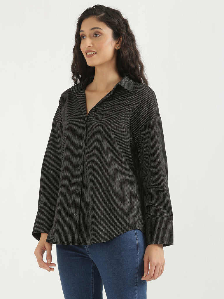 Women's Airy Linen Textured Casual Oversize Black Shirt