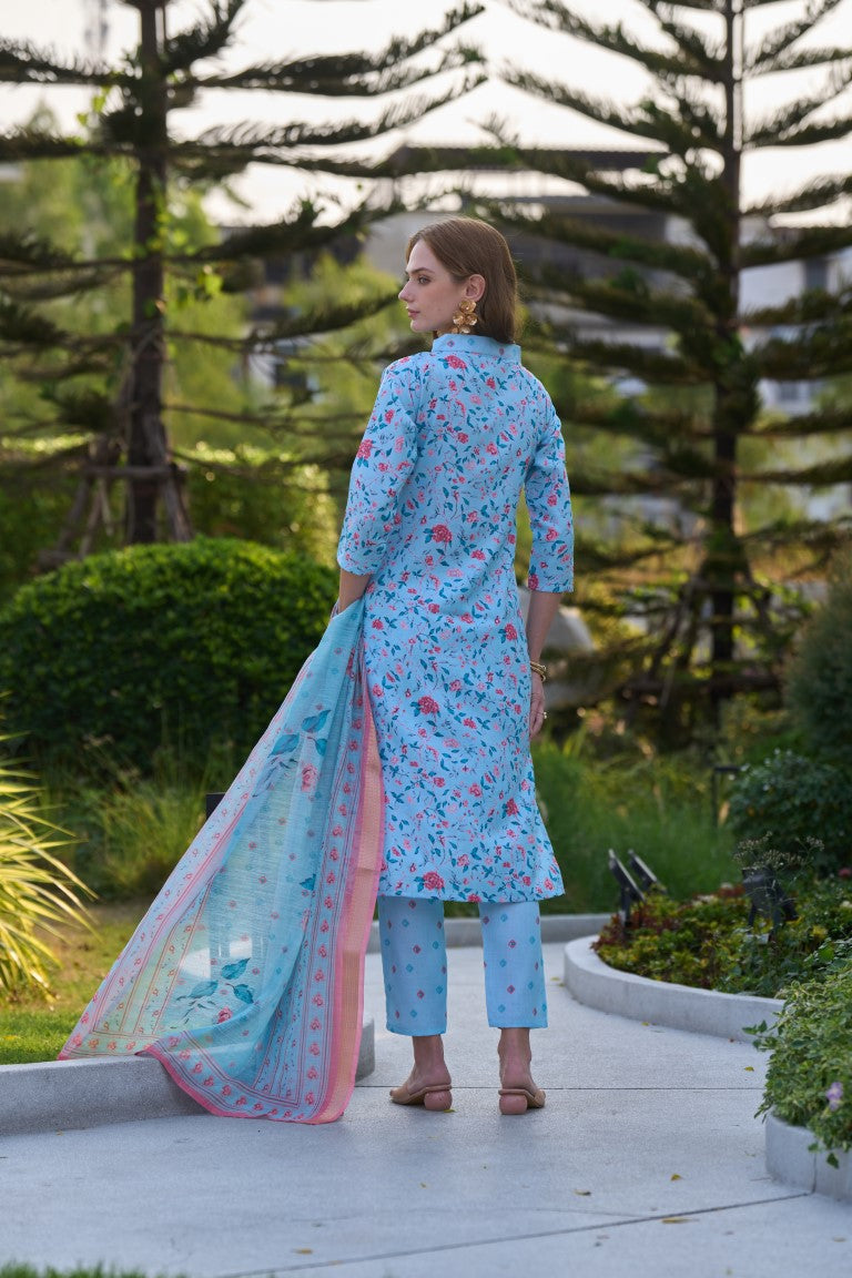 Women's Sky Cotton Printed Kurta Set