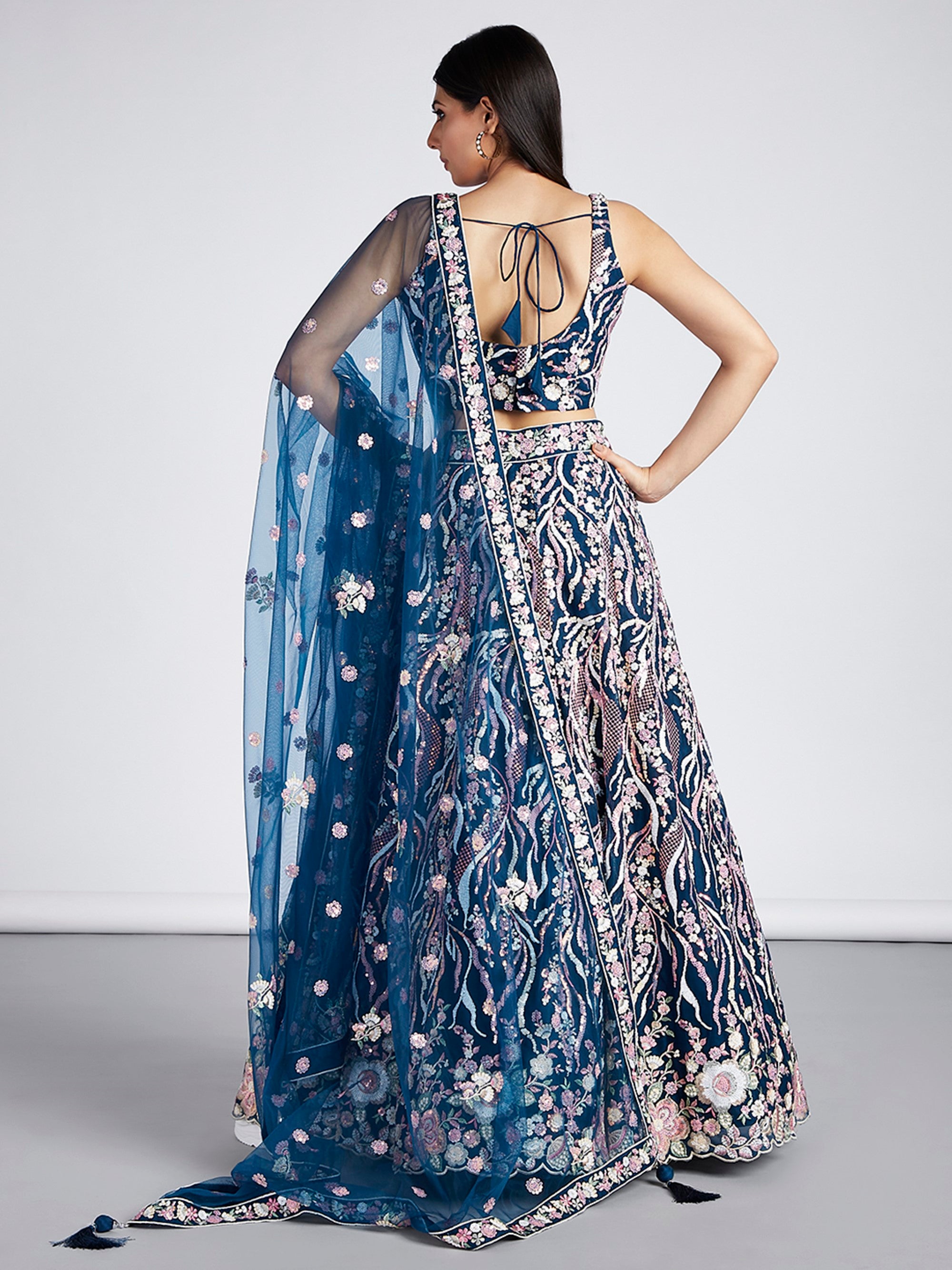 Women's Navy Blue Net Sequins And Thread Embroidery Lehenga Choli & Dupatta - Royal Dwells