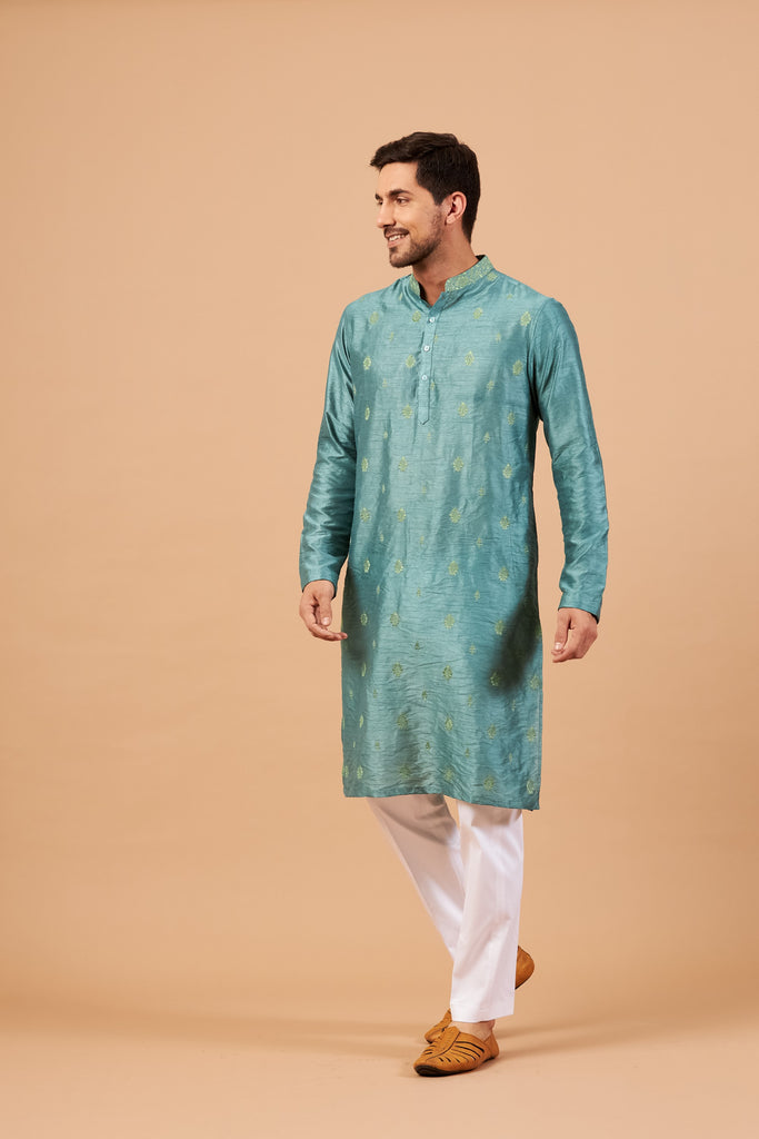 Men's Teal Color Two Motif Embroidered Kurta Semi Raw Silk Mix