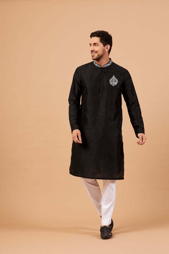 Men's Black Coloramyr Traditional Embroidered Kurta Semi Raw Silk Mix