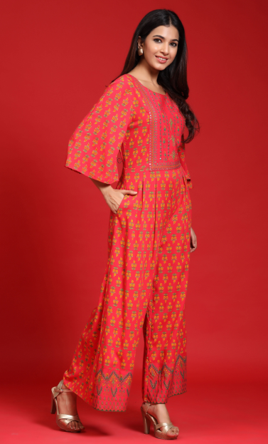 Women's Coral Rayon Embroidered Jumpsuit With Mask