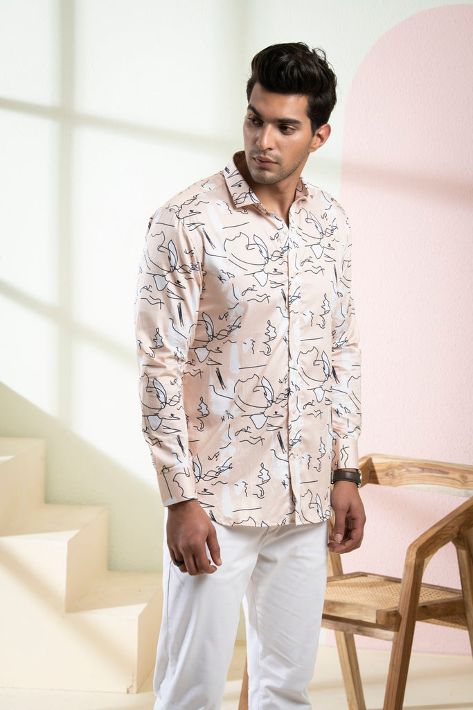 Men's Peach Color Veined Full Sleeves Shirt
