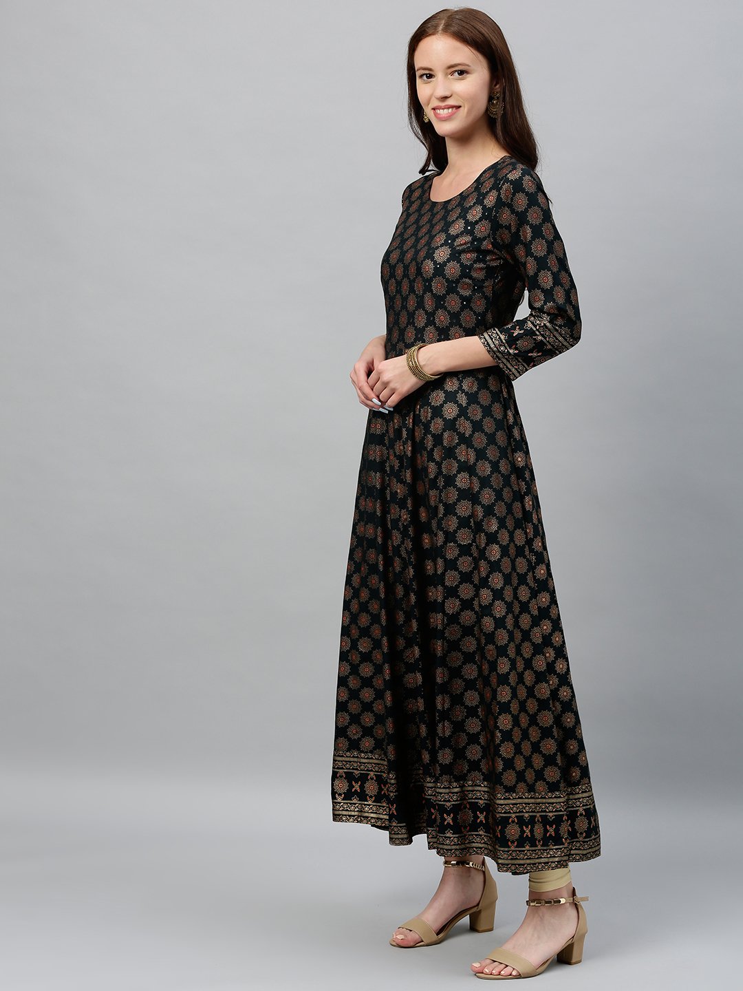 Women's Black & Golden Rayon Anarkali Kurta by Kip