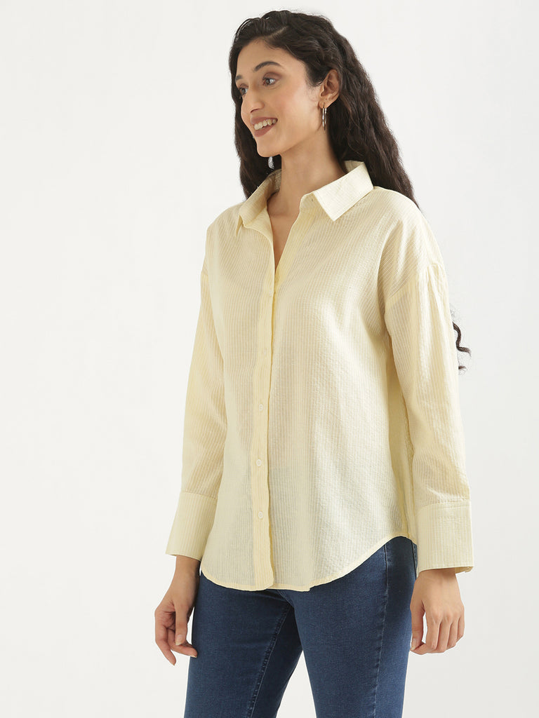 Women's Airy Linen Textured Casual Oversize Cream Shirt