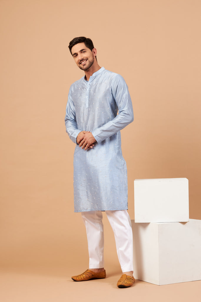 Men's Baby Blue Color Viva Dot Embroidered Kurta Semi Raw Silk Mix