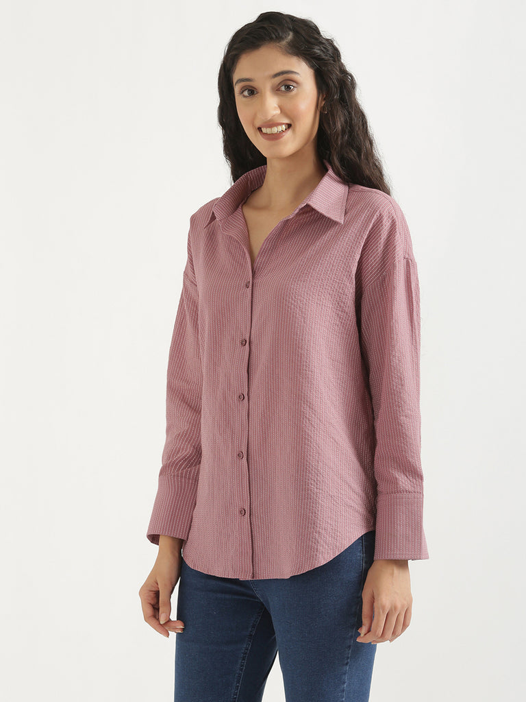 Women's Airy Linen Textured Casual Oversize Mauve Shirt