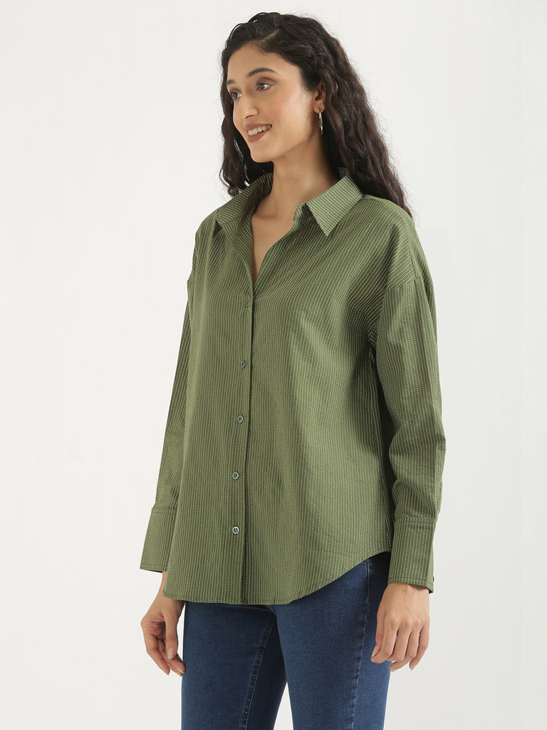 Women's Airy Linen Textured Casual Oversize Olive Shirt