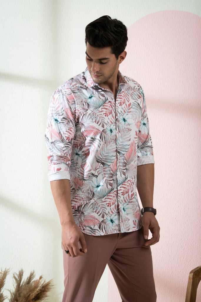 Men's White Color Tropical Full Sleeves Shirt