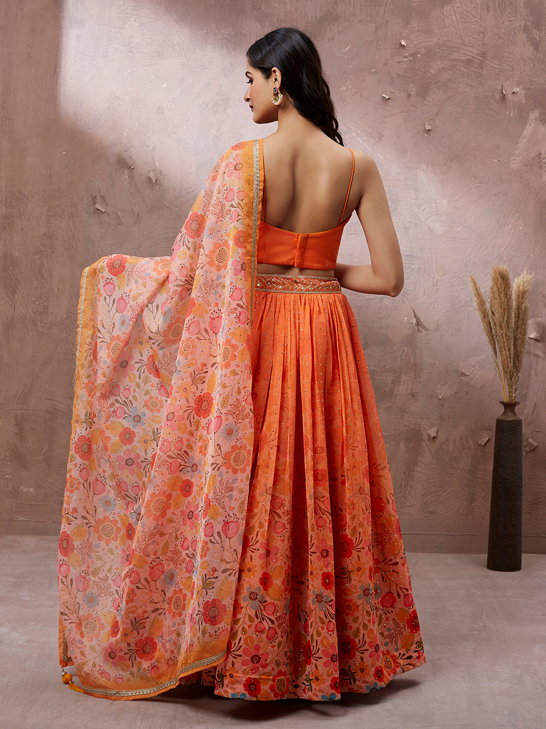 Women's Orange Organza Floral Printed Semi-Stitched Lehenga Choli & Dupatta - Royal Dwells