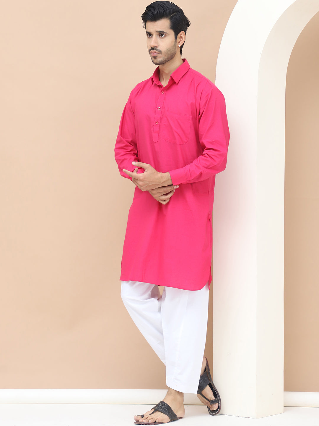 Men's  Pink Cotton Solid Kurta Set - Grage