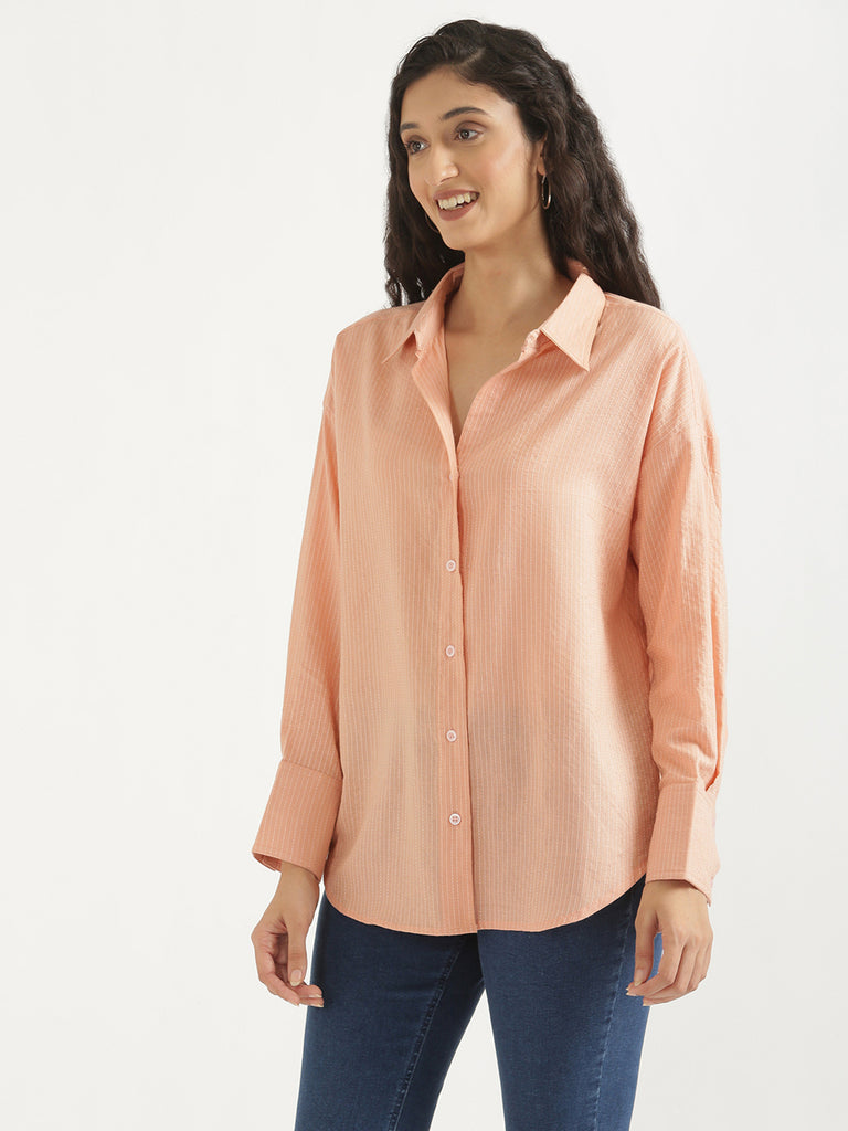 Women's Airy Linen Textured Casual Oversize Peach Shirt