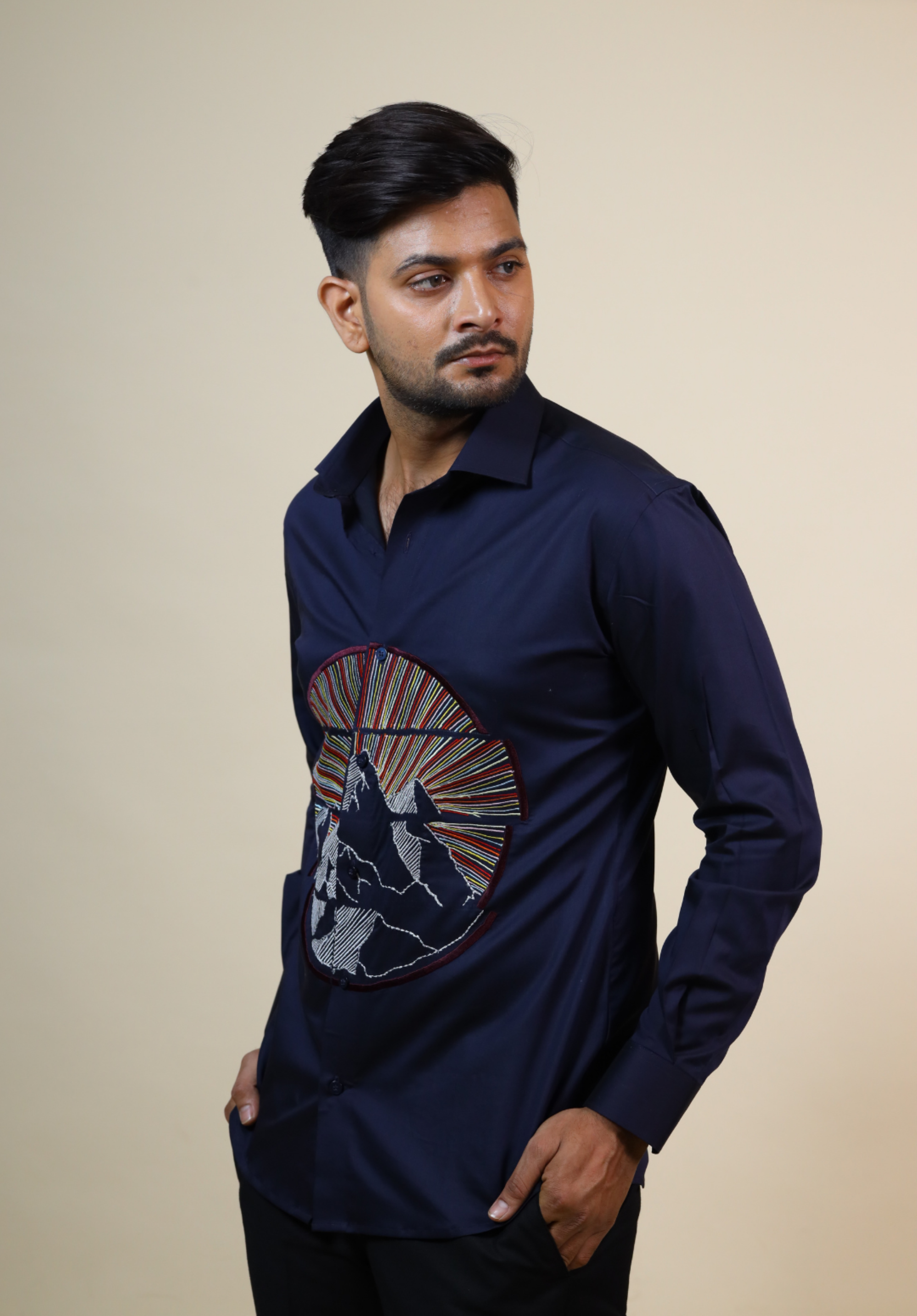 Men's Navy Color Keitha Designer Mountain Embroidered Shirt Full Sleeves Casual Shirt - Hilo Design