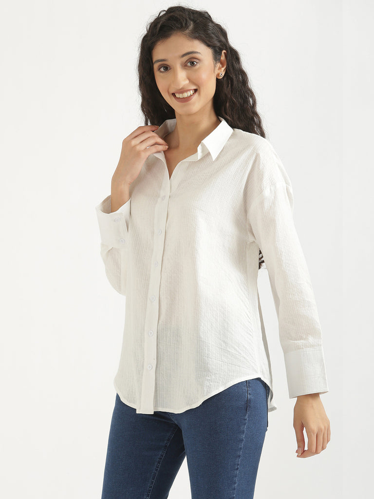 Women's Airy Linen Textured Casual Oversize White Shirt