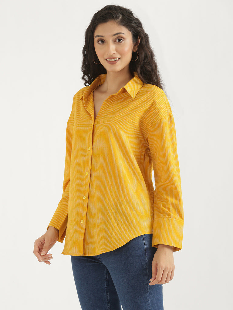 Women's Airy Linen Textured Casual Oversize Yellow Shirt