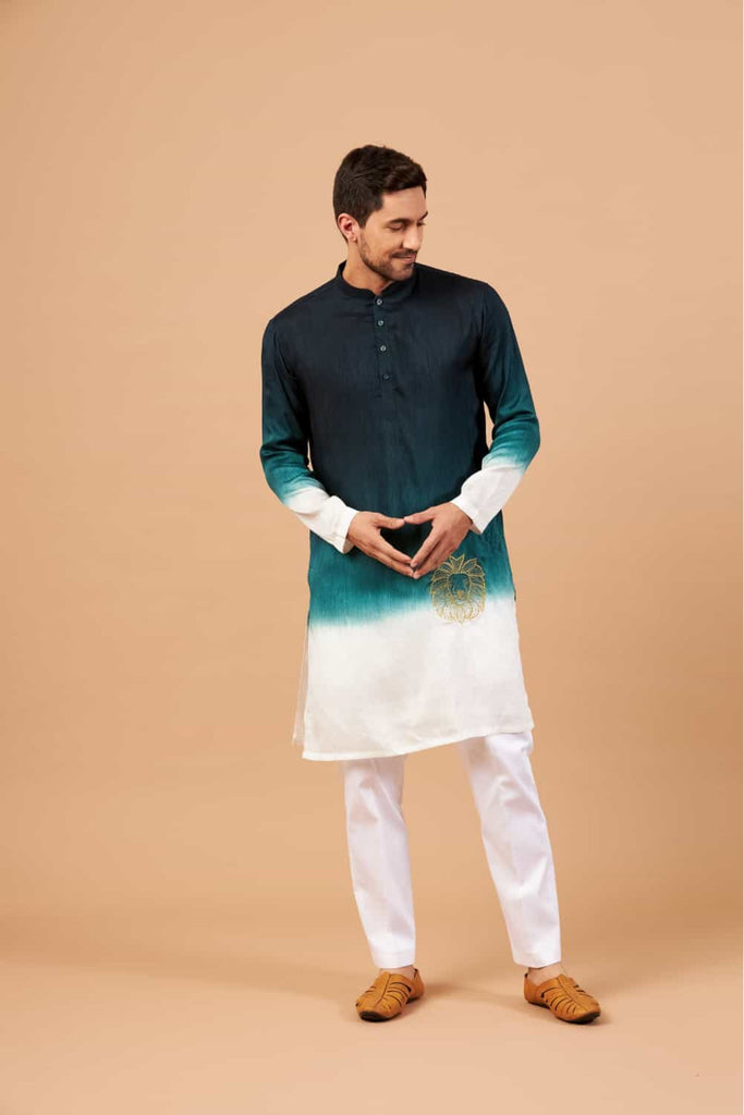 Men's Green Color Leonine Kurta - Lion Embroidery Silk