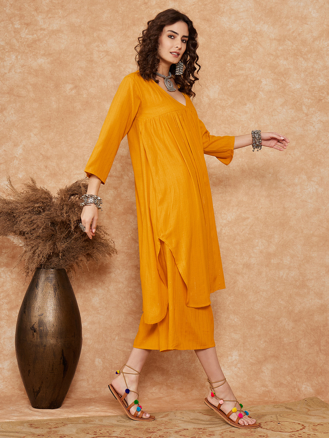 Women's Mustard Lurex Flared V Neck Kurta Palazzo Set - InWeave