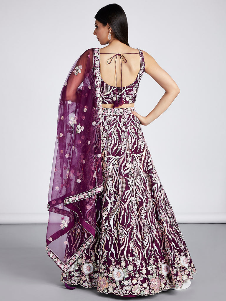 Women's Burgundy Net Sequins And Thread Embroidery Lehenga Choli & Dupatta