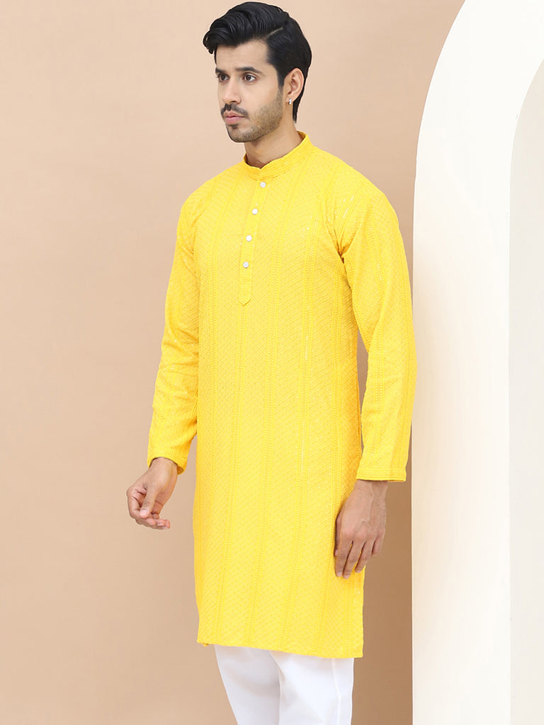 Men's  Yellow Viscose Rayon Embroidered Kurta